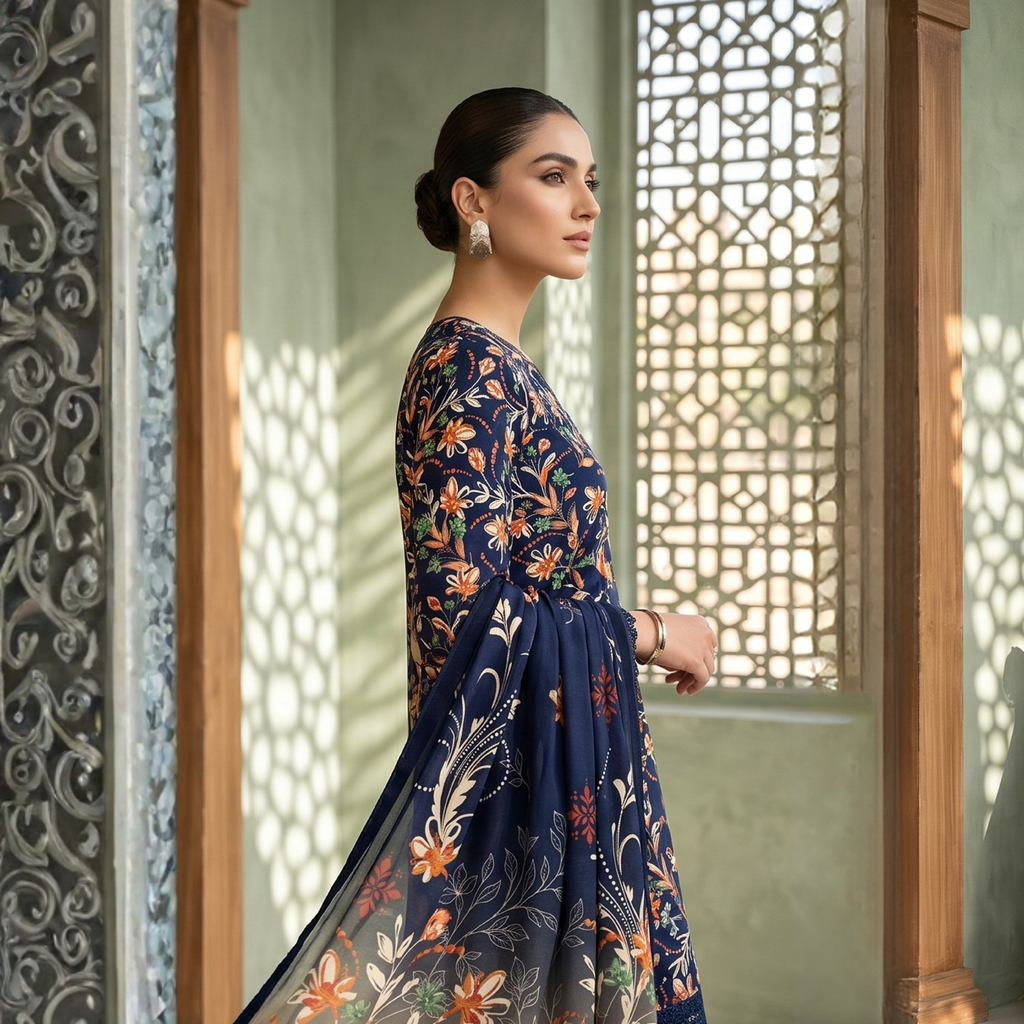 3PC Unstitched Printed Lawn Suit – Hajra Exclusive