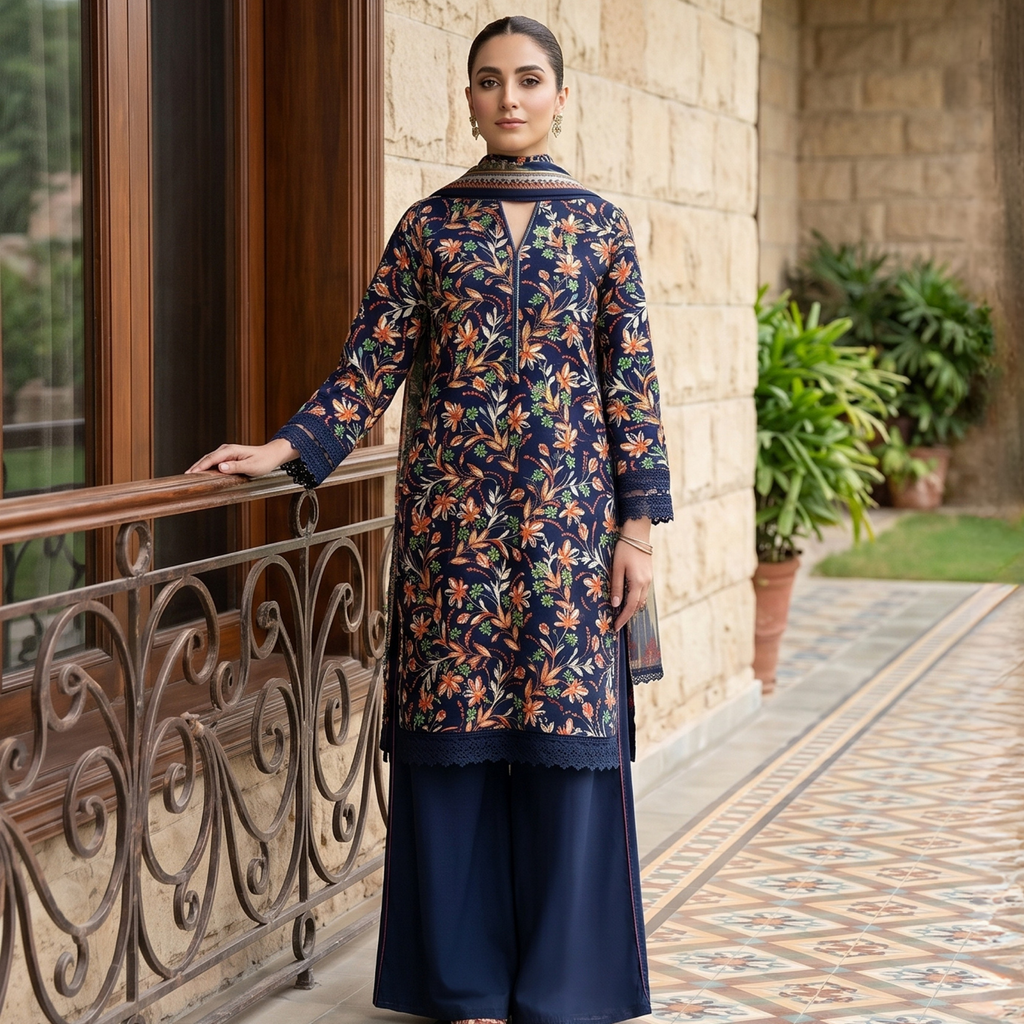3PC Unstitched Printed Lawn Suit – Hajra Exclusive