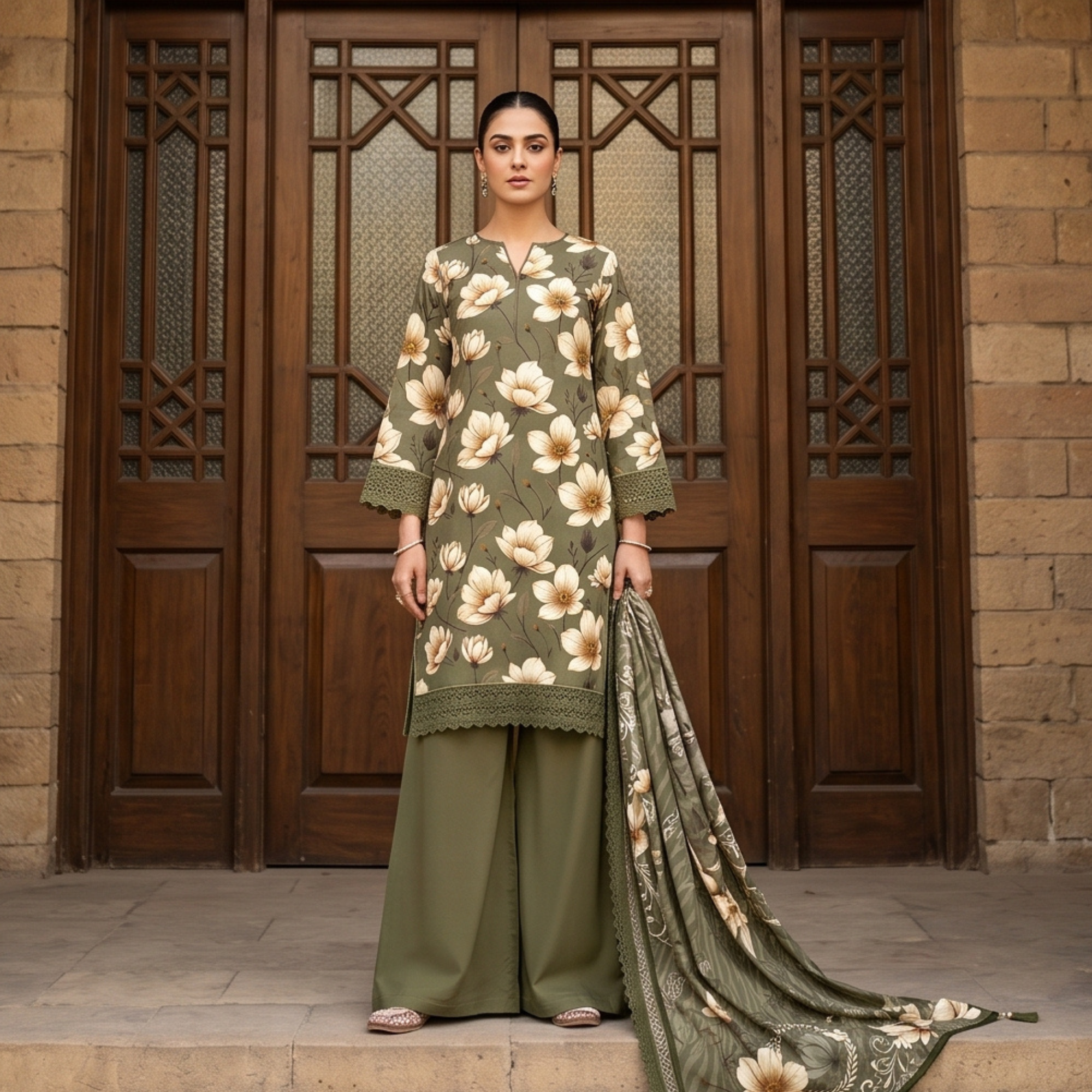 3PC Unstitched Printed Lawn Suit – Hajra Exclusive