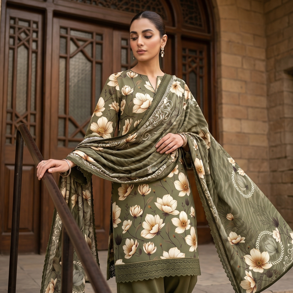 3PC Unstitched Printed Lawn Suit – Hajra Exclusive