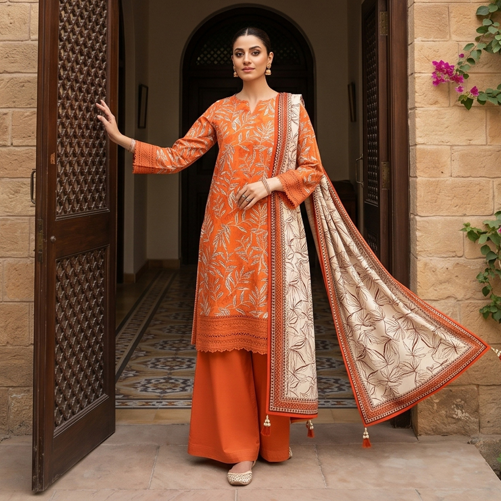 3PC Unstitched Printed Lawn Suit – Hajra Exclusive