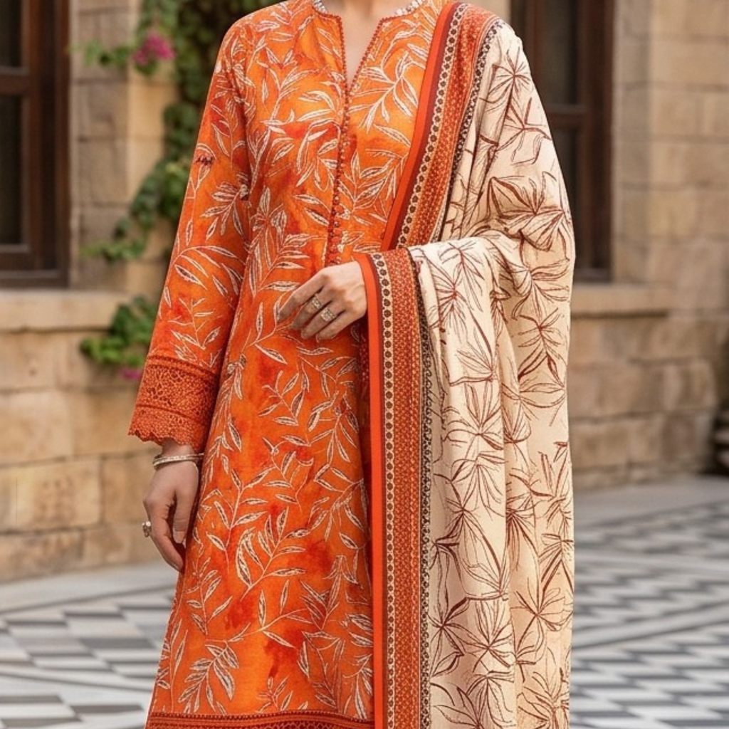 3PC Unstitched Printed Lawn Suit – Hajra Exclusive
