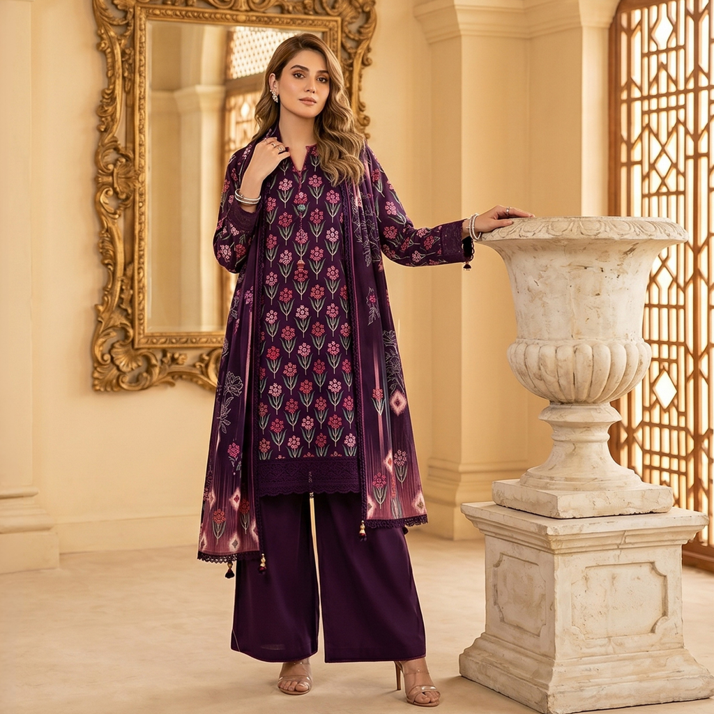 3PC Unstitched Printed Lawn Suit – Hajra Exclusive