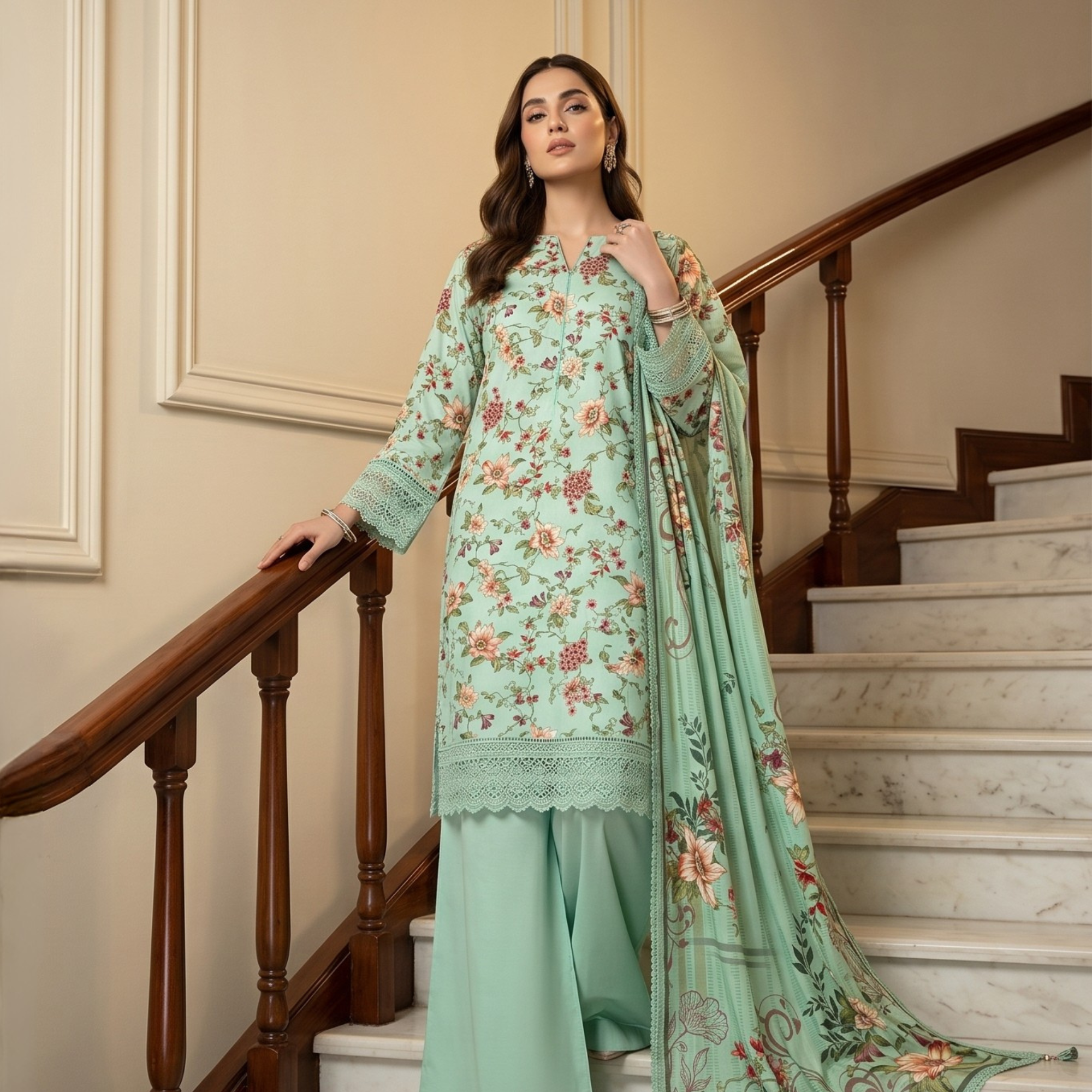 3PC Unstitched Printed Lawn Suit – Hajra Exclusive