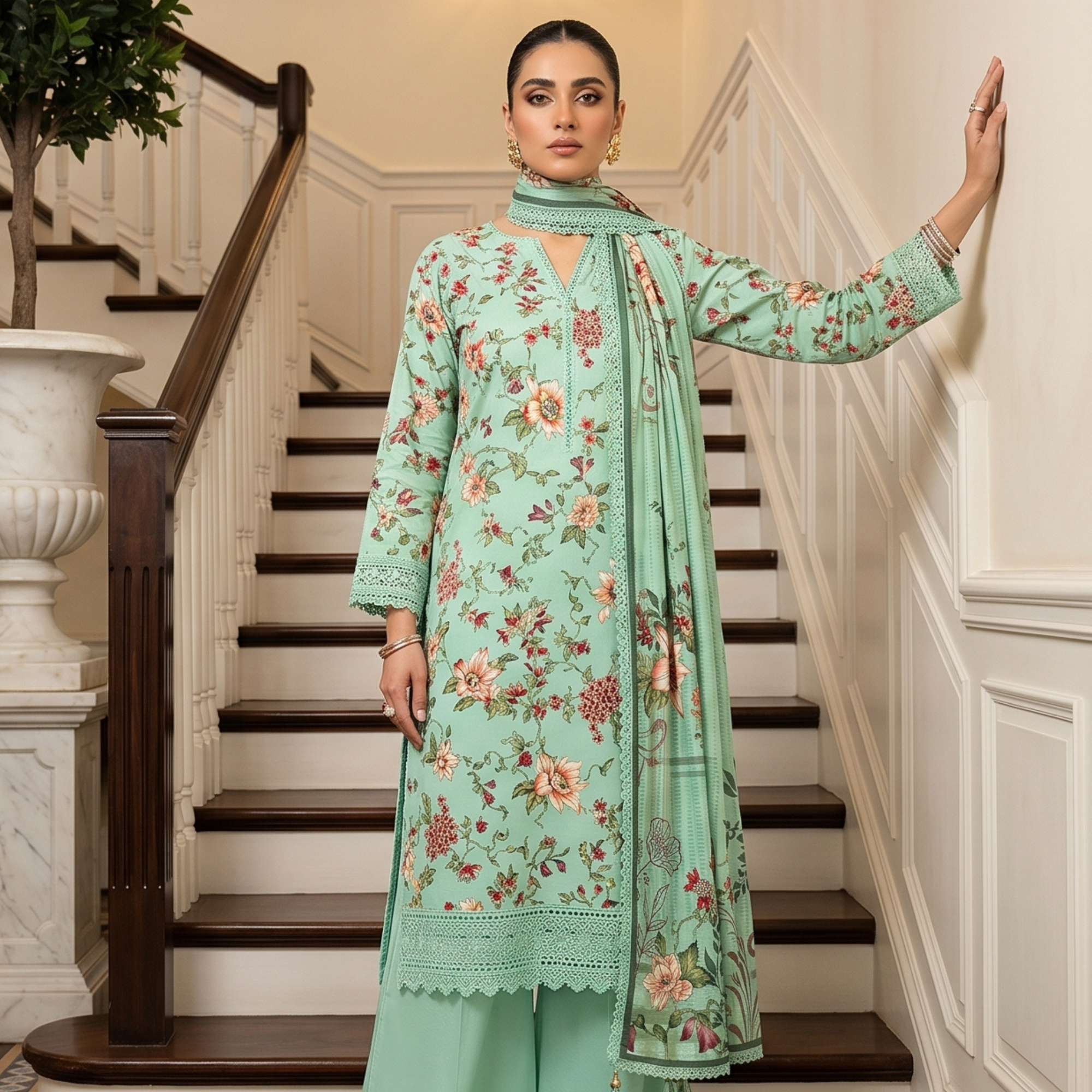 3PC Unstitched Printed Lawn Suit – Hajra Exclusive