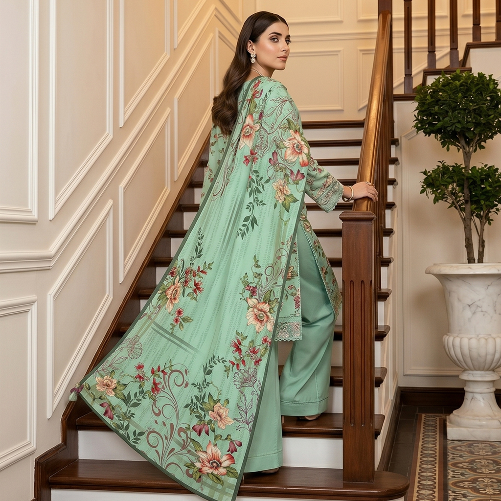 3PC Unstitched Printed Lawn Suit – Hajra Exclusive