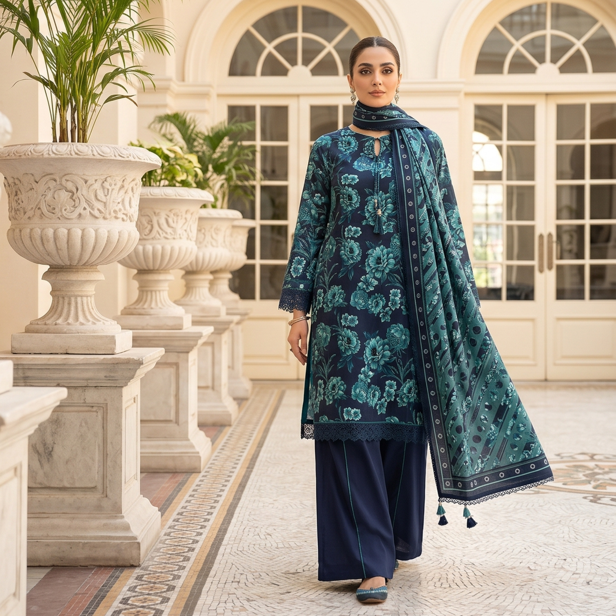 3PC Unstitched Printed Lawn Suit – Hajra Exclusive
