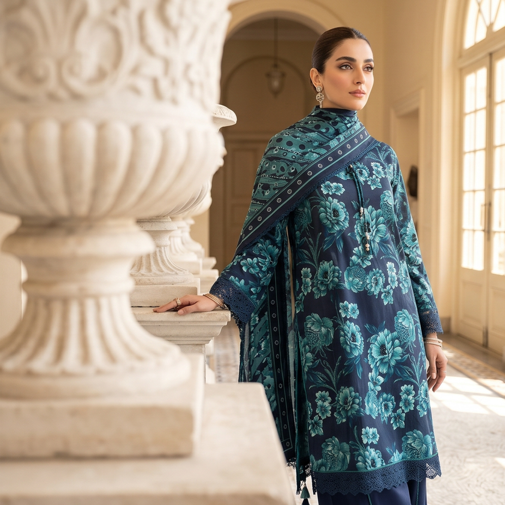 3PC Unstitched Printed Lawn Suit – Hajra Exclusive