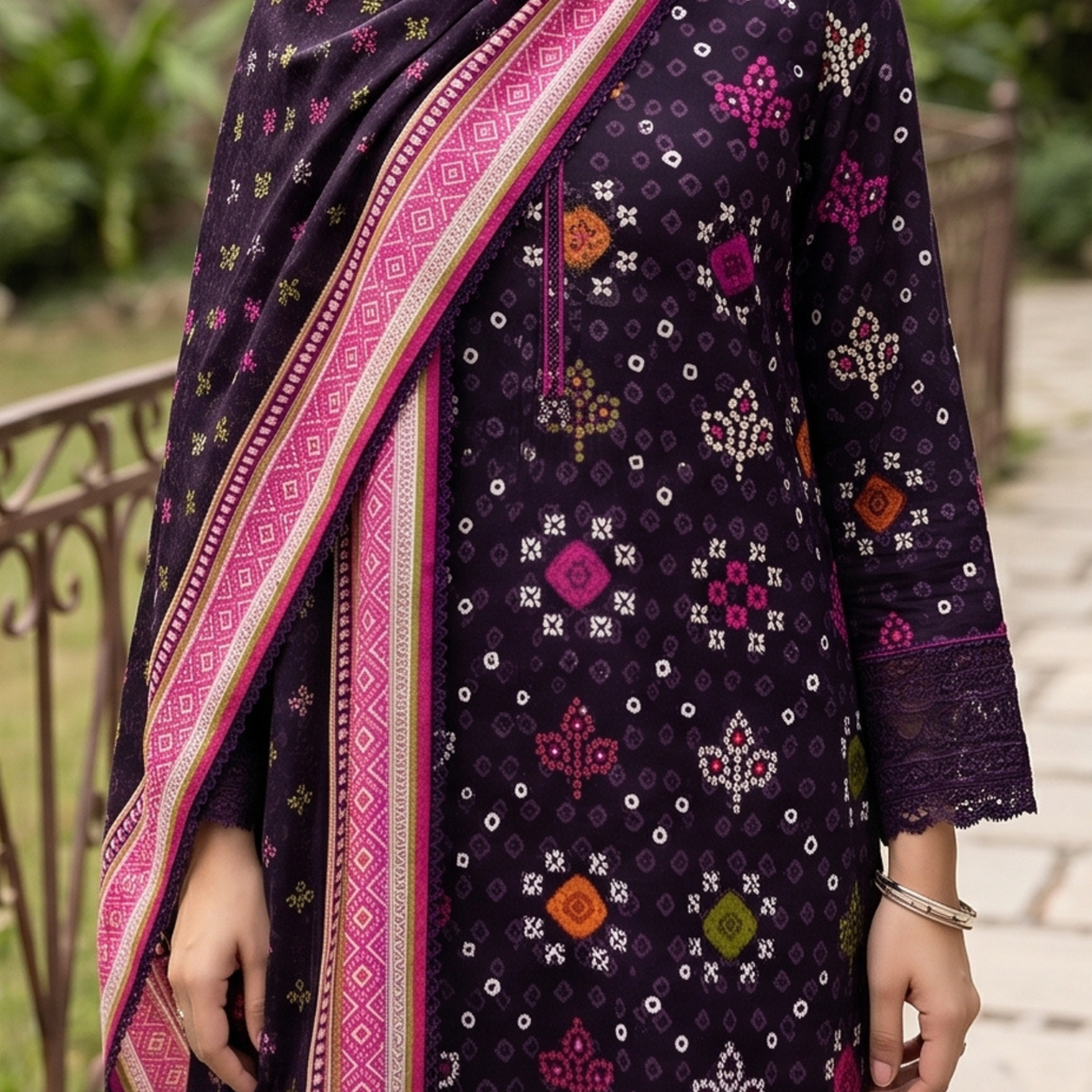 3PC Unstitched Printed Lawn Suit – Hajra Exclusive