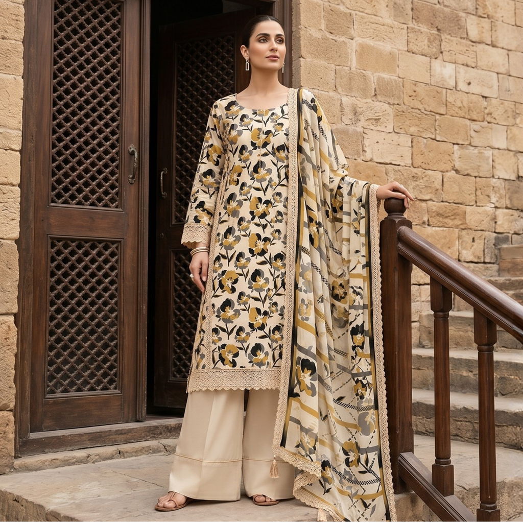3PC Unstitched Printed Lawn Suit – Hajra Exclusive