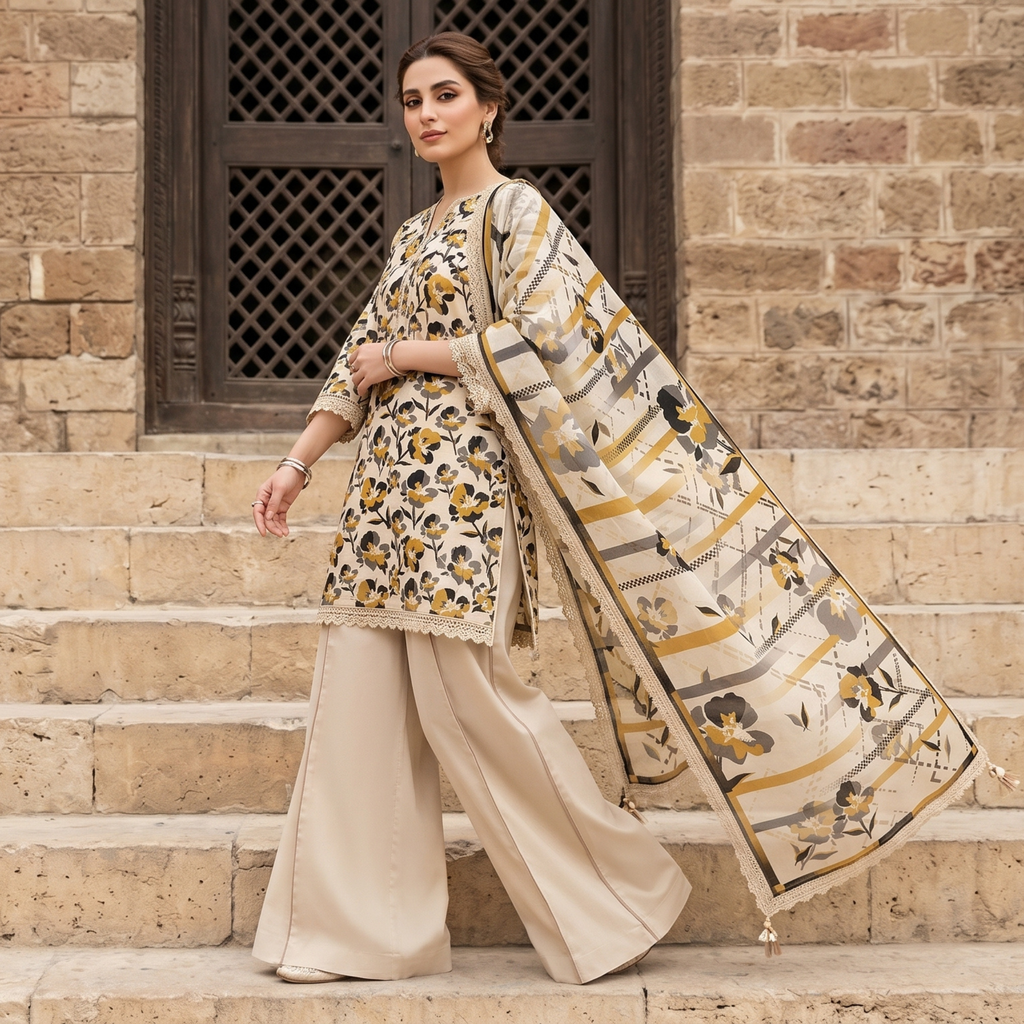3PC Unstitched Printed Lawn Suit – Hajra Exclusive