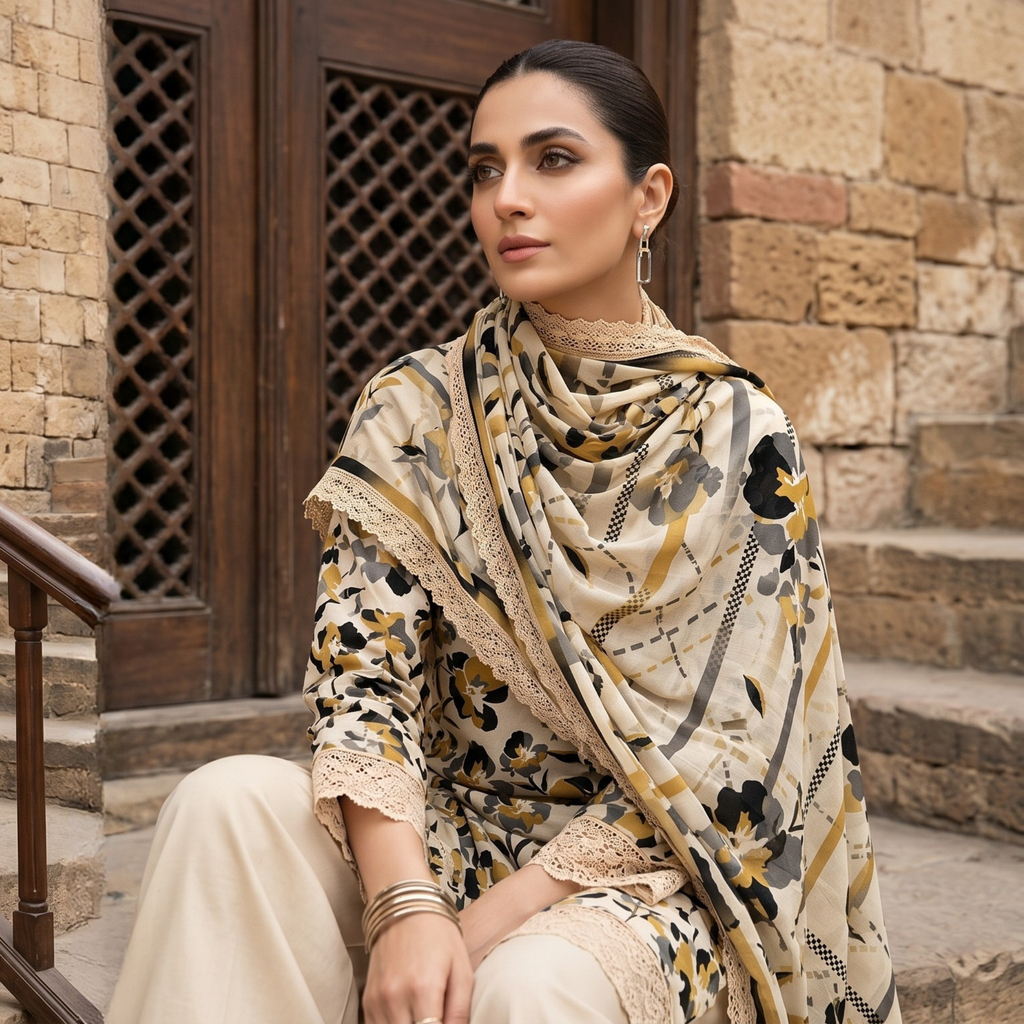 3PC Unstitched Printed Lawn Suit – Hajra Exclusive