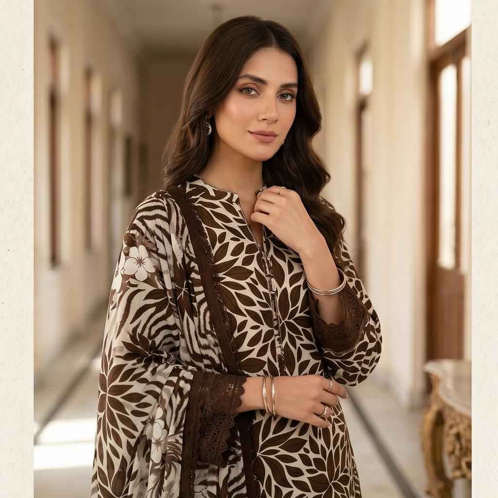 3PC Unstitched Printed Lawn Suit – Hajra Exclusive