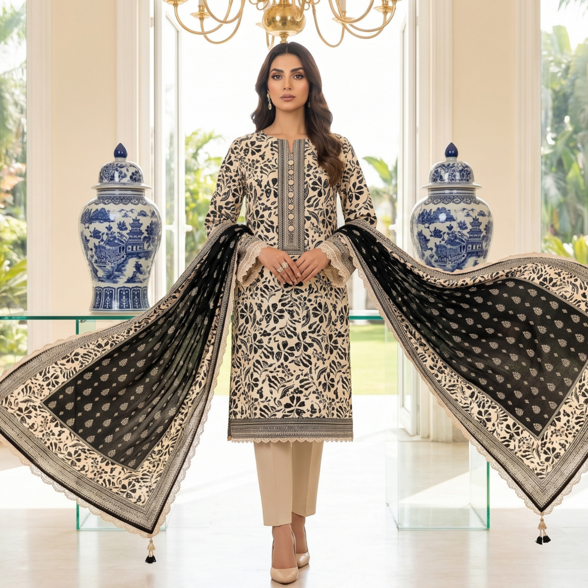 3PC Unstitched Printed Slub Lawn Suit – Hajra Exclusive
