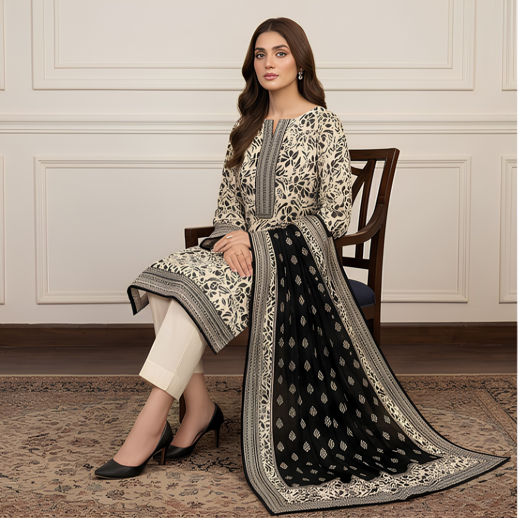 3PC Unstitched Printed Slub Lawn Suit – Hajra Exclusive