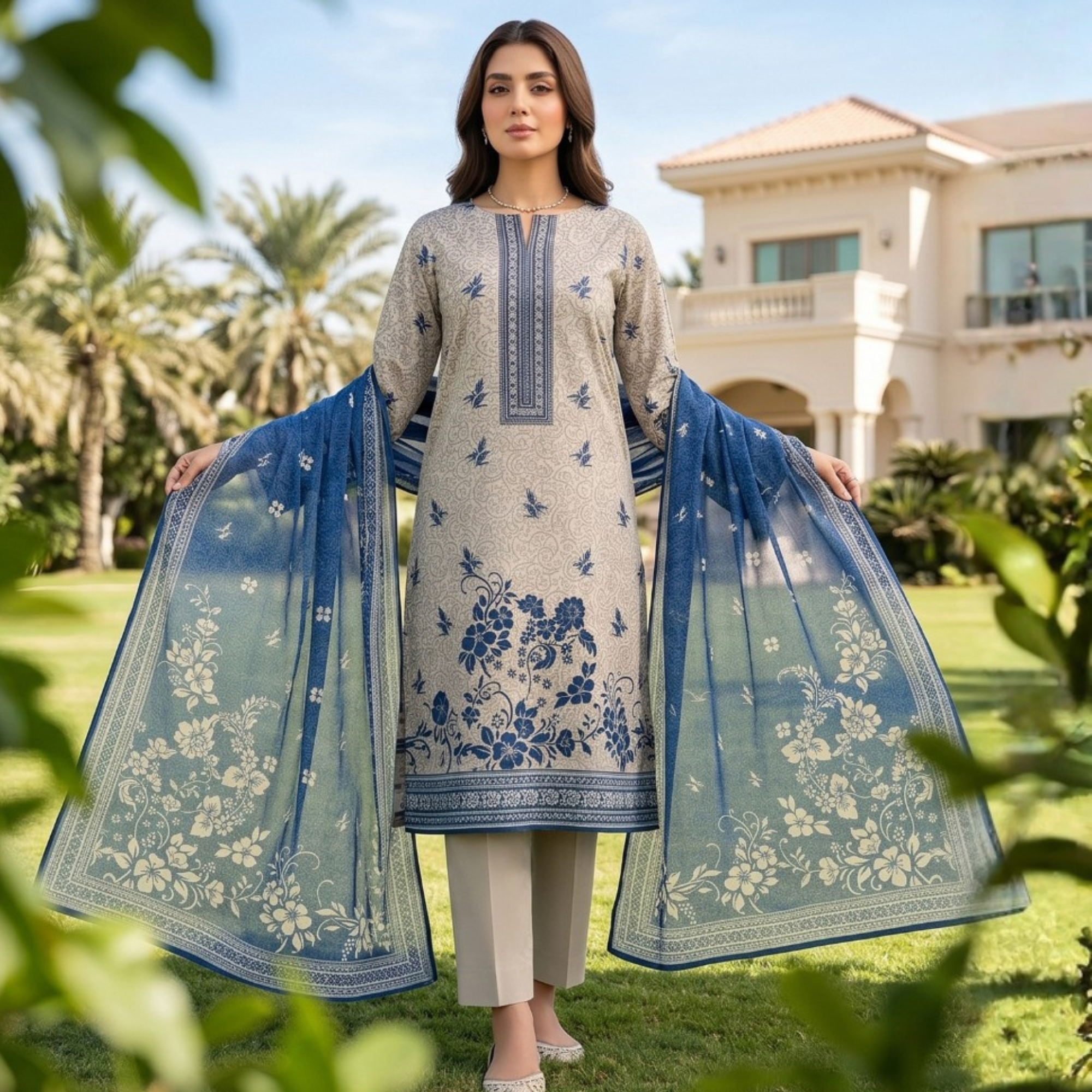 3PC Unstitched Printed Slub Lawn Suit – Hajra Exclusive