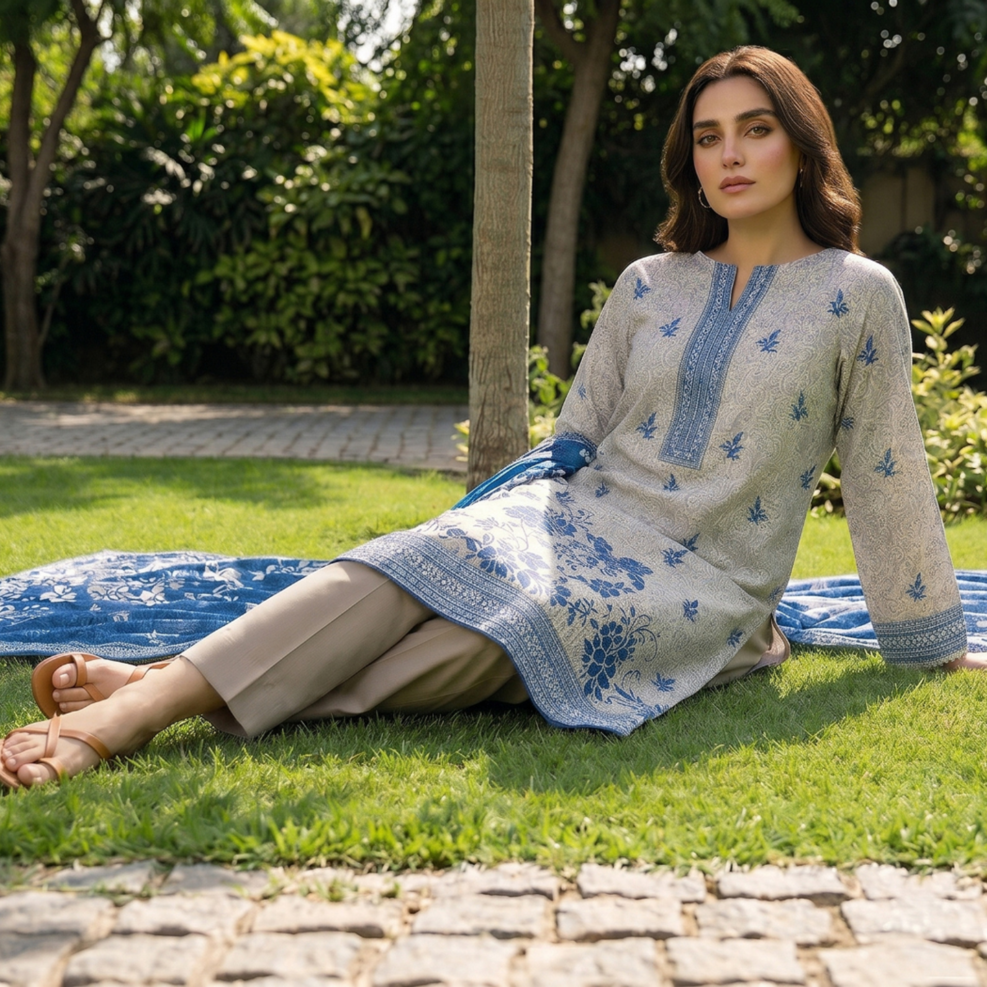 3PC Unstitched Printed Slub Lawn Suit – Hajra Exclusive