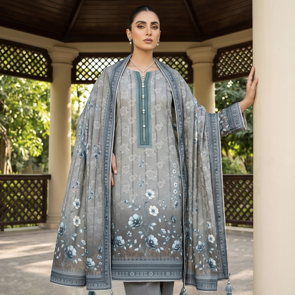 3PC Unstitched Printed Slub Lawn Suit – Hajra Exclusive