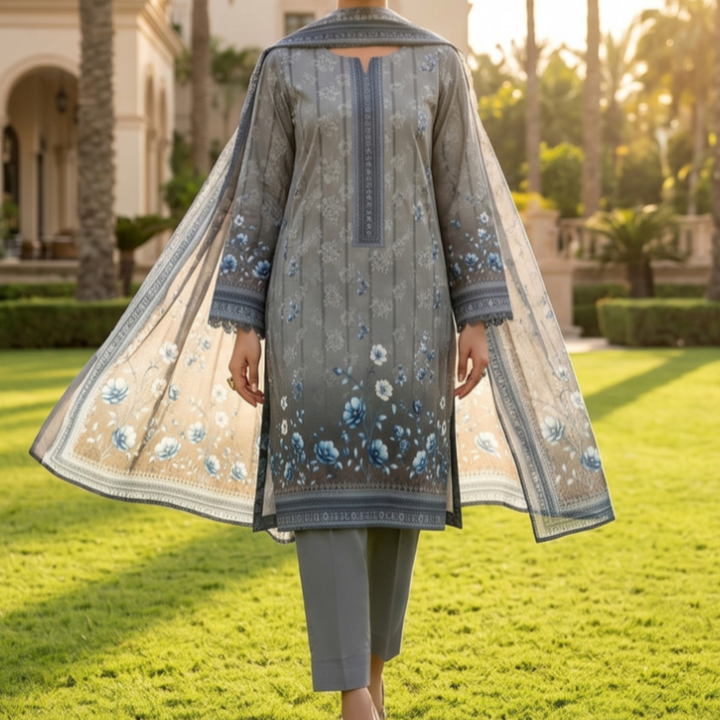 3PC Unstitched Printed Slub Lawn Suit – Hajra Exclusive