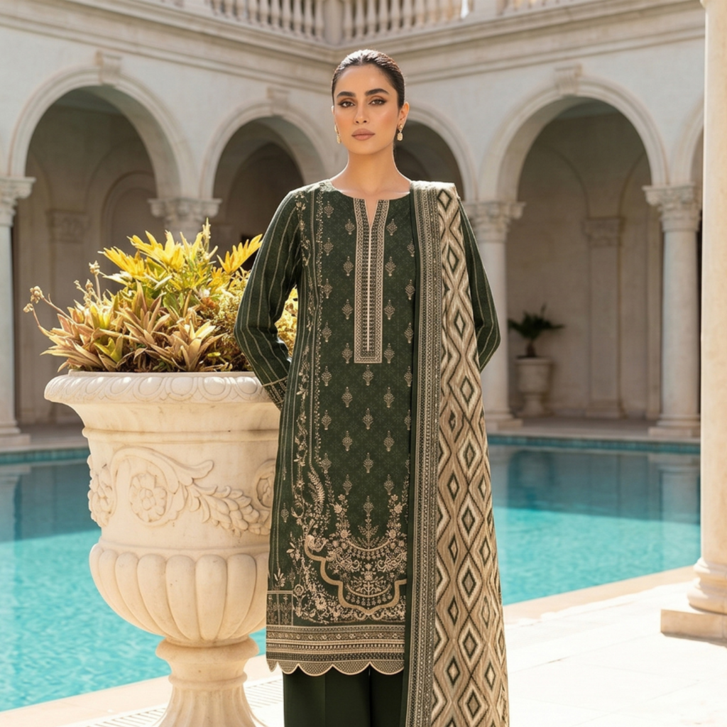 3PC Unstitched Printed Slub Lawn Suit – Hajra Exclusive