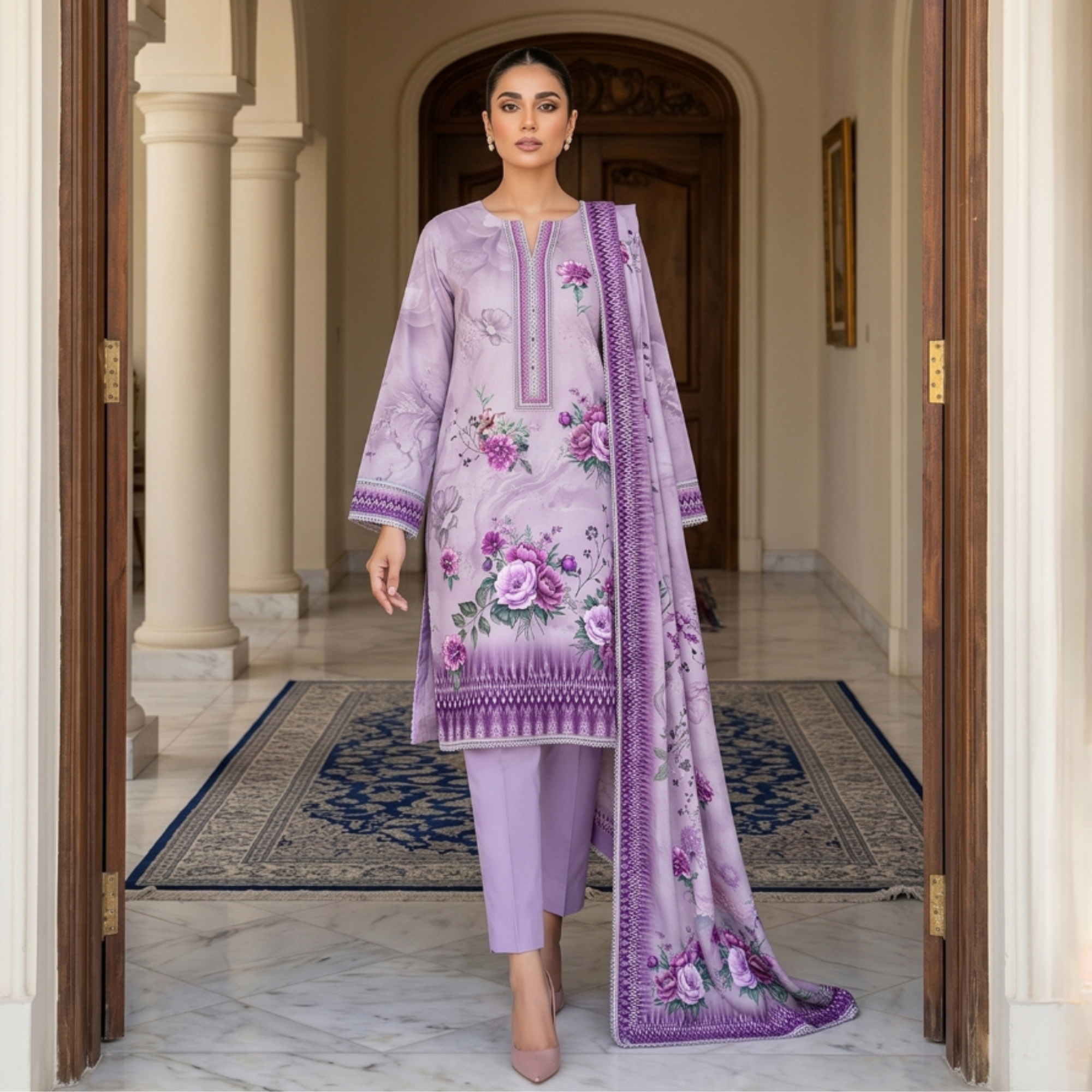 3PC Unstitched Printed Slub Lawn Suit – Hajra Exclusive