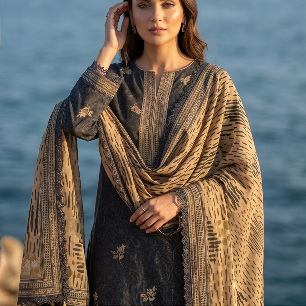 3PC Unstitched Printed Slub Lawn Suit – Hajra Exclusive